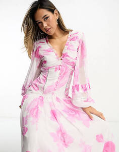 Платье макси на пуговицах с защипами и кружевными вставками ASOS DESIGN с крупным розовым цветочным принтом
