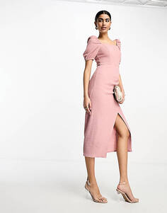 Текстурное платье миди пыльно-розового цвета с квадратным вырезом и пышными рукавами ASOS DESIGN
