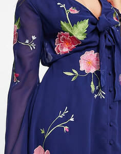 Темно-синее платье миди с цветочной вышивкой ASOS DESIGN с завязкой спереди на пуговицах