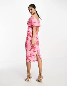 Платье миди со складками True Violet розового цвета с цветочным принтом