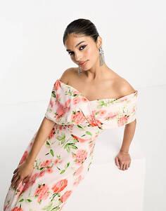 Выпускное платье миди со складками True Violet с персиковым цветочным принтом