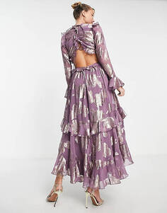 Жаккардовое платье миди с рюшами и цветочным принтом ASOS DESIGN и лиловой многоярусной юбкой