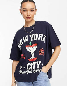Темно-синяя объемная тяжелая футболка с рисунком нью-йоркского яблока ASOS DESIGN