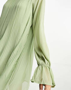 Плиссированное мини-платье NA-KD пыльно-зеленого цвета