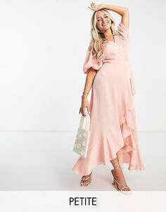 Светло-розовое атласное платье макси с запахом и пышными рукавами Flounce London Petite