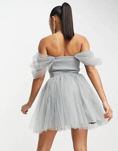 Эксклюзивное светло-серое мини-платье из тюля с запахом Lace &amp; Beads