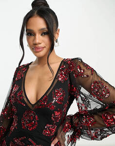 Эксклюзивное платье макси с длинными рукавами и красной аппликацией Lace &amp; Beads