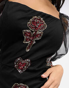 Эксклюзивное облегающее мини-платье с прозрачными рукавами и пышными рукавами и смешанной аппликацией Lace &amp; Beads