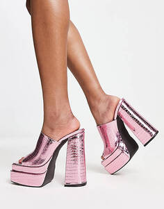 Эксклюзивные сандалии-мюли на платформе Daisy Street с розовым крокодиловым эффектом металлик