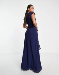 Темно-синее платье макси с оборками и развевающимися рукавами TFNC Tall Bridesmaid