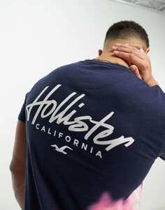 Синяя длинная футболка с эффектом омбре и логотипом на груди и спине Hollister
