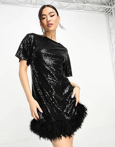 Черное платье-футболка мини с пайетками и подолом из искусственных перьев Jaded Rose