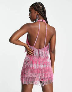 Розовое платье мини с бахромой и кисточками Miss Selfridge Premium