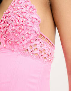 Ярко-розовое платье мини с плиссированной юбкой и годе, украшенное крючком, ASOS DESIGN