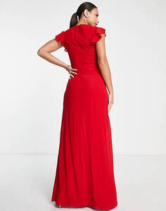 Красное платье макси с оборками и развевающимися рукавами TFNC Tall Bridesmaid