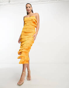 Оранжевое многоярусное платье миди с бахромой и перекрещенной деталью на спине ASOS DESIGN Tall