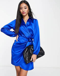 Синее атласное платье мини с запахом и длинными рукавами New Look