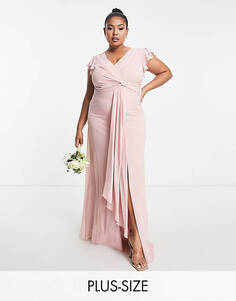Розовое платье макси с развевающимися рукавами и рюшами TFNC Plus Bridesmaid