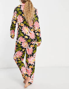 Разноцветный атласный пижамный комплект на пуговицах премиум-класса Chelsea Peers с цветочным принтом