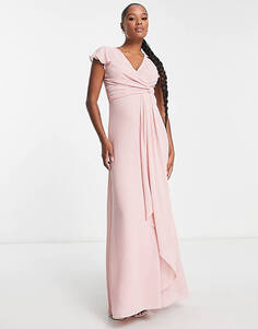 Розовое платье макси с развевающимися рукавами и рюшами TFNC Petite Bridesmaid