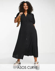 Черное чайное платье-рубашка миди на пуговицах спереди ASOS DESIGN Curve