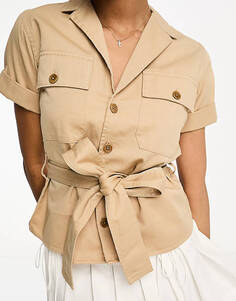 Светло-коричневая хлопковая рубашка с короткими рукавами и поясом Polo Ralph Lauren Oskr