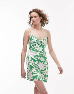 Зеленое льняное платье мини с бретелями Topshop