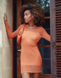 Ярко-оранжевое вязаное летнее платье мини в тропическом стиле 4th &amp; Reckless X Amaka Hamelijnck