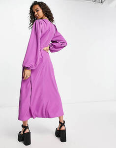 Эксклюзивное фиолетовое платье миди с объемными рукавами Pieces