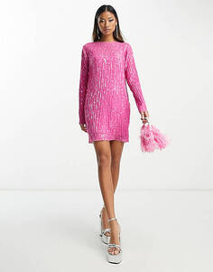 Розовое платье мини с плиссированными пайетками и длинными рукавами ASOS DESIGN
