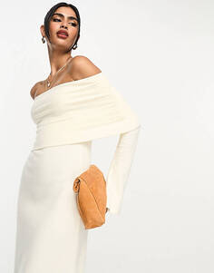 Супермягкое зимнее белое платье миди с открытыми плечами и расклешенными рукавами ASOS DESIGN