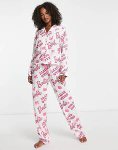 Бело-розовый пижамный комплект из модальной рубашки и брюк ASOS DESIGN Tall Barbie x Hello Kitty