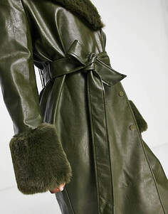 Длинное пальто цвета хаки с отделкой искусственным мехом The Frolic
