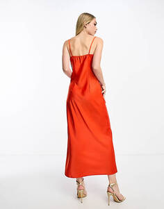 Атласное платье миди Pieces кораллово-красного цвета