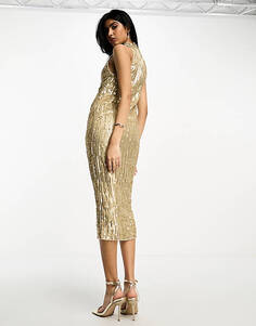 Золотое платье миди с высоким воротником и плиссированными пайетками ASOS DESIGN
