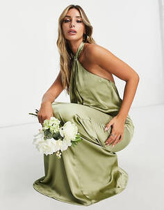Мягкое оливковое атласное платье макси с воротником-бретелькой Pretty Lavish Bridesmaid Sammie