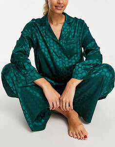 Атласный жаккардовый пижамный комплект Loungeable Revere изумрудно-зеленого цвета.