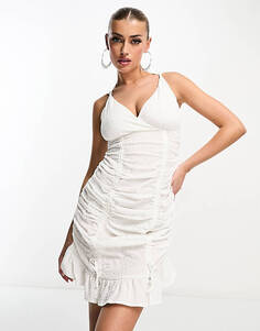 Белое платье мини со сборками и запахом ASYOU