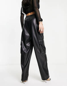 Черные широкие брюки карго из искусственной кожи Miss Selfridge