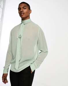 Свободная прозрачная креповая рубашка с длинными рукавами и галстуком-бабочкой с высоким воротником ASOS DESIGN шалфейно-зеленого цвета
