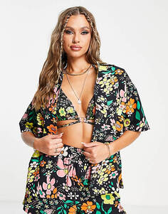 Комбинированная пляжная рубашка с цветочным принтом Damson Madder