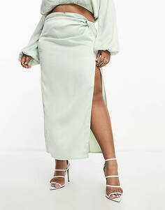 Эксклюзивная атласная юбка миди с драпировкой In The Style Plus бледно-зеленого цвета