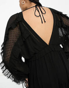 Черное свободное платье с оборками и рюшами Reclaimed Vintage