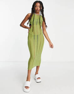 Зеленое трикотажное платье миди с вырезами и жилетом COLLUSION