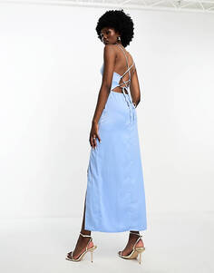 Эксклюзивное синее атласное платье макси с воротником-хомутом и завязкой на спине In The Style Tall