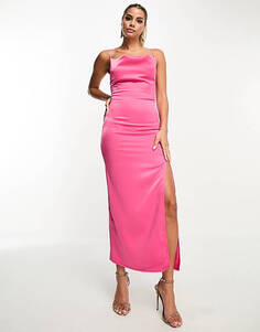 Эксклюзивное малиново-розовое атласное платье макси In The Style с воротником-хомутом и завязкой на спине