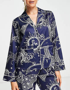 Атласная пижама темно-синего и кремового цвета с атласной рубашкой и брюками в стиле барокко ASOS DESIGN