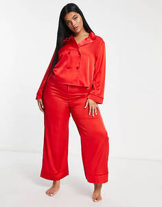 Красная атласная двубортная пижама из рубашки и брюк с бархатной отделкой ASOS DESIGN Curve