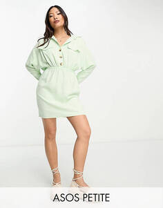 Бледно-зеленое льняное платье-рубашка с заниженными плечами и асимметричной юбкой ASOS DESIGN Petite