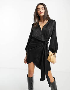 Черное атласное жаккардовое мини-платье Never Fully Dressed с леопардовыми манжетами